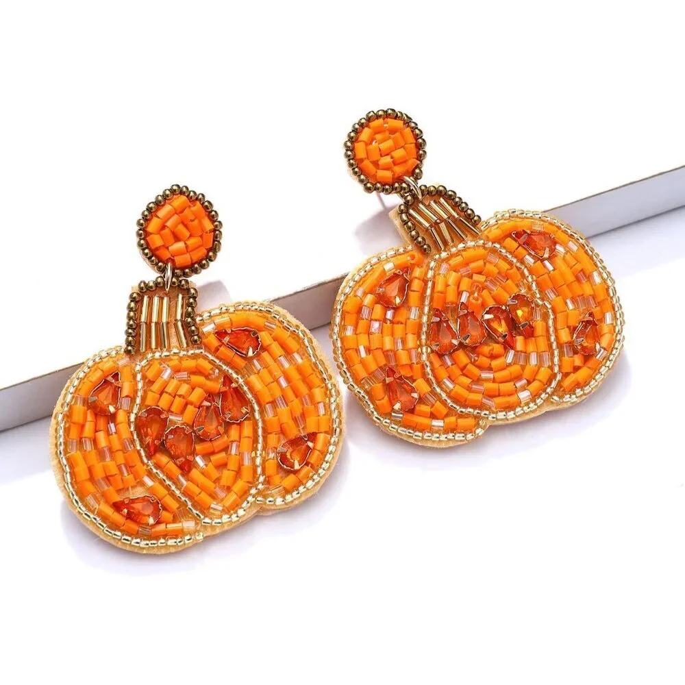 Women's Orange Hb Pumpkin Halloween Earrings Ghost Beaded Dangle Statement Spook